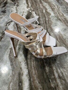 Charles David White Gold Strappy Mule Heels Size 8.5 Square Toe Stilettos
